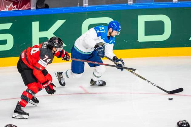 RIGA, LATVIA - MAY 17: Adil Beketayev of Kazakhstan (R) chased by Ethan Bear of Canada (L) during the 2023 IIHF Ice hockey, Eishockey World Championship, WM, Weltmeisterschaft Finland - Latvia game between Canada and Kazakhstan at Arena Riga on May 17, 2023 in Riga, Latvia. Riga Arena Riga Latvia Copyright: xJustPictures.ch JarixPestelaccix