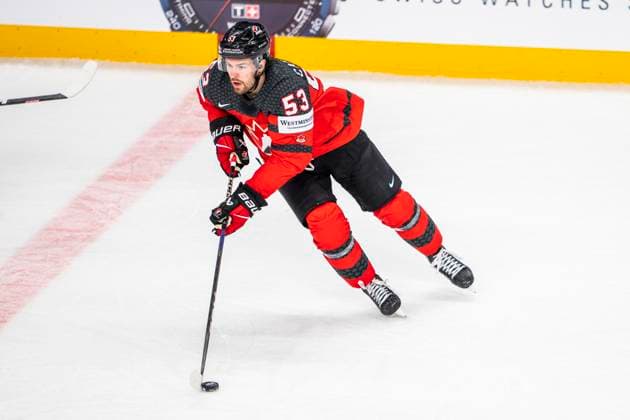 RIGA, LATVIA - MAY 17: Michael Carcone of Canada in action during the 2023 IIHF Ice hockey, Eishockey World Championship, WM, Weltmeisterschaft Finland - Latvia game between Canada and Kazakhstan at Arena Riga on May 17, 2023 in Riga, Latvia. Riga Arena Riga Latvia Copyright: xJustPictures.ch JarixPestelaccix
