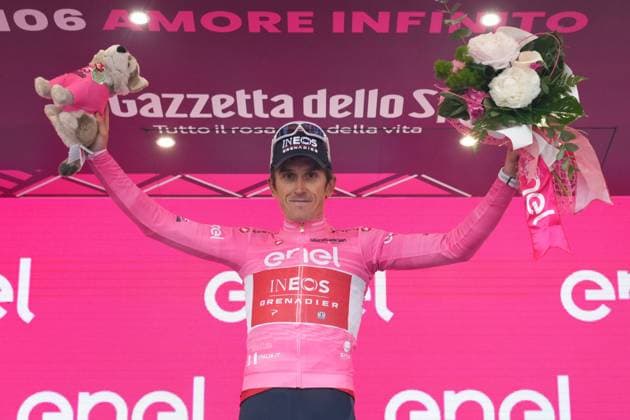 Foto Gian Mattia D Alberto LaPresse 18 Maggio 2023 - Bra, Italia - - Ciclismo - Giro d™Italia 2023 - Edizione 106 - Tappa 12 - da Bra a Rivoli Nella foto: THOMAS Geraint (GBR)INEOS GRENADIERS, Maglia Rosa sul podio May 18, 2023 Bra, Italy - Sport - Cycling - Giro d™Italia 2023 - 106th Edition - Stage 12 - From Bra to Rivoli In the pic: THOMAS Geraint (GBR)INEOS GRENADIERS, Pink Jersey  Copyright: xGianxMattiaxD Alberto LaPressex