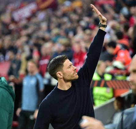 18.05.2023; Leverkusen; Fussball, Herren, Europa-League, Halbfinale, Saison 2022 2023, Bayer 04 Leverkusen vs. AS Rom Xabi Alonso (Trainer Leverkusen) DFL regulations prohibit any use of photographs as image sequences and or quasi-video. BayArena NRW Deutschland