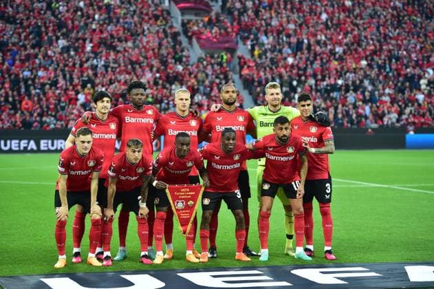 18.05.2023; Leverkusen; Fussball, Herren, Europa-League, Halbfinale, Saison 2022 2023, Bayer 04 Leverkusen vs. AS Rom Die Leverkusener Mannschaft DFL regulations prohibit any use of photographs as image sequences and or quasi-video. BayArena NRW Deutschland