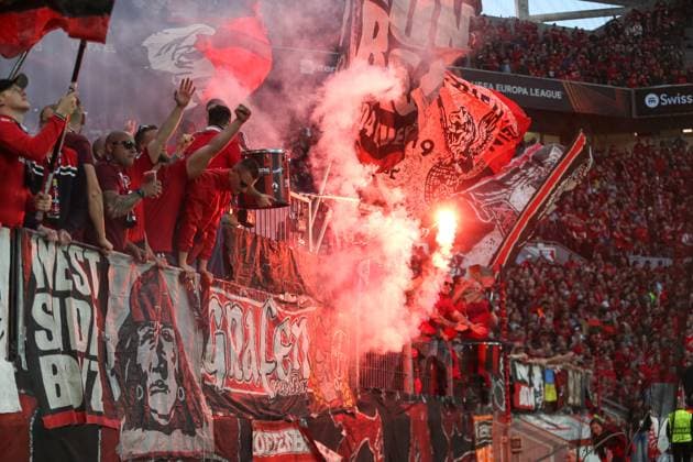Germany, Leverkusen, 18.05.2023, BayArena, Bayer 04 Leverkusen - AS Rom - Uefa Europa Leaque, Supporters of Bayer 04 Leverkusen use pyrotechnics Leverkusen BayArena North Rhine-Westfalia Germany