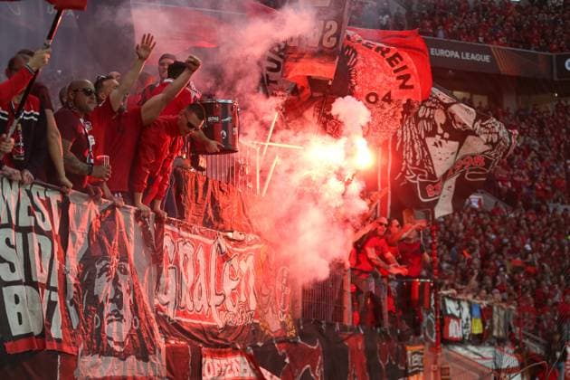 Germany, Leverkusen, 18.05.2023, BayArena, Bayer 04 Leverkusen - AS Rom - Uefa Europa Leaque, Supporters of Bayer 04 Leverkusen use pyrotechnics Leverkusen BayArena North Rhine-Westfalia Germany