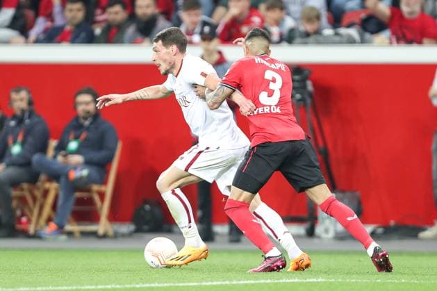 Germany, Leverkusen, 18.05.2023, BayArena, Bayer 04 Leverkusen - AS Rom - Uefa Europa Leaque, Andrea Belotti (AS Rom) und Piero Hincapie (Bayer 04 Leverkusen) battle for the ball Leverkusen BayArena North Rhine-Westfalia Germany