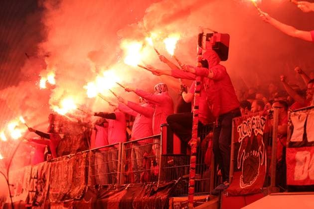 Germany, Leverkusen, 18.05.2023, BayArena, Bayer 04 Leverkusen - AS Rom - Uefa Europa Leaque, Supporters of Bayer 04 Leverkusen use pyrotechnics Leverkusen BayArena North Rhine-Westfalia Germany