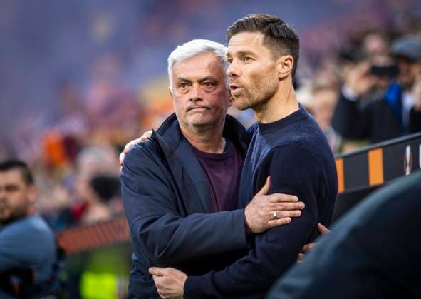 Leverkusen, Germany. 18th Mai, 2023. Trainer Jose Morinho (AS Rom) Trainer Xabi Alonso (Leverkusen) Bayer Leverkusen - AS Rom 18.05.2023