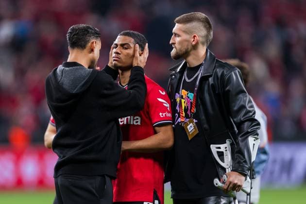 18.05.2023, Fussball, Saison 2022 2023, UEFA Europa League, Halbfinale, UEL, Bayer 04 Leverkusen - AS Rom, v. l. Karim Bellarabi (Bayer 04 Leverkusen), Amine Adli (Bayer 04 Leverkusen), Robert Andrich (Bayer 04 Leverkusen), Leverkusen BayArena NRW Deutschland xRHR-FOTO DEx Copyright: RHR-FOTO DennisxEwertx RHR-FOTO DE
