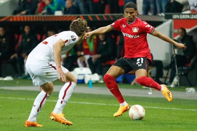 Amine ADLI (Bayer 04 Leverkusen, 21). Leverkusen, Fussball UEFA Europa League Halbfinale, Bayer 04 Leverkusen - AS Rom, 18.05.2023, BayArena, Leverkusen. UEFA regulations prohibit any use of photographs as image sequences and or quasi-video Â