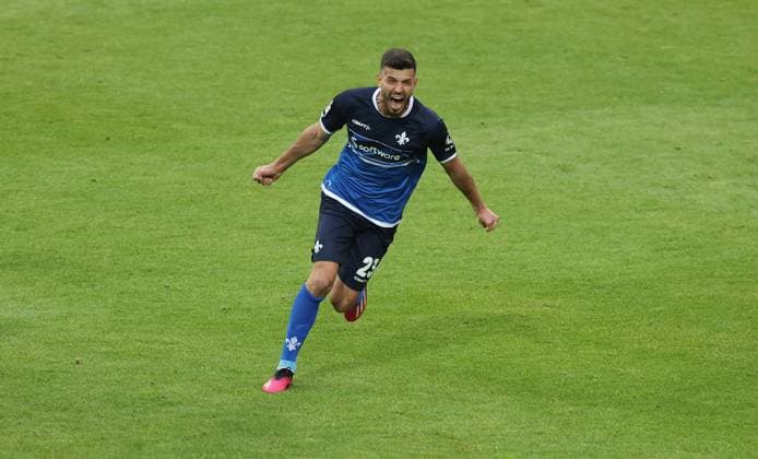 19.05.2023, xdcx, Fussball 2. Bundesliga, SV Darmstadt 98 - 1. FC Magdeburg, emonline, emspor, despor, v.l., Klaus Gjasula (SV Darmstadt 98) jubelt über den Bundesliga-Aufstieg DFL DFB REGULATIONS PROHIBIT ANY USE OF PHOTOGRAPHS AS IMAGE SEQUENCES AND OR QUASI-VIDEO.