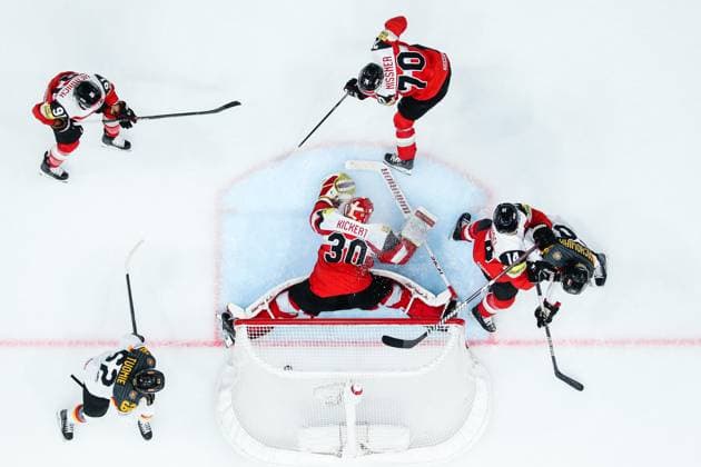Sport Themen der Woche KW20 Sport Bilder des Tages Ice hockey, Eishockey - IIHF WC 2023 TAMPERE,FINLAND,19.MAY.23 - ICE HOCKEY - IIHF Ice Hockey World Championship, WM, Weltmeisterschaft 2023, group stage, Austria vs Germany. Image shows Moritz Mueller, Parker Tuomie (GER), David Kickert, Benjamin Nissner, Kilian Zuendel (AUT) and Wojtek Stachowiak (GER).  GEPAxpictures xDanielxGoetzhaber