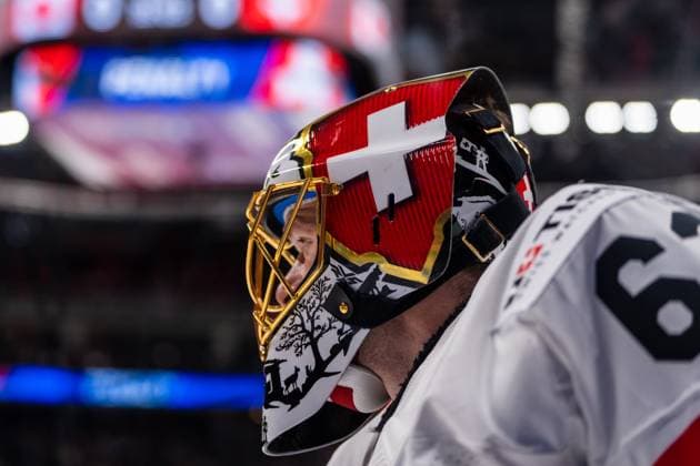 RIGA, LATVIA - MAY 20: Leonardo Genoni of Switzerland during the 2023 IIHF Ice hockey, Eishockey World Championship, WM, Weltmeisterschaft Finland - Latvia game between Canada Switzerland at Arena Riga on May 20, 2023 in Riga, Latvia. Riga Arena Riga Latvia Copyright: xJustPictures.ch JarixPestelaccix
