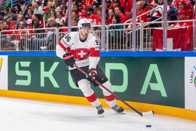 RIGA, LATVIA - MAY 20: Janis Moser of Switzerland in action during the 2023 IIHF Ice hockey, Eishockey World Championship, WM, Weltmeisterschaft Finland - Latvia game between Canada Switzerland at Arena Riga on May 20, 2023 in Riga, Latvia. Riga Arena Riga Latvia Copyright: xJustPictures.ch JarixPestelaccix