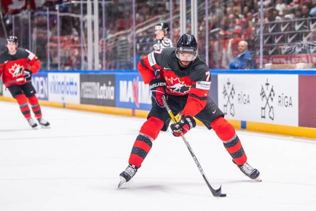 RIGA, LATVIA - MAY 20: Pierre-Olivier Joseph of Canada in action during the 2023 IIHF Ice hockey, Eishockey World Championship, WM, Weltmeisterschaft Finland - Latvia game between Canada Switzerland at Arena Riga on May 20, 2023 in Riga, Latvia. Riga Arena Riga Latvia Copyright: xJustPictures.ch JarixPestelaccix