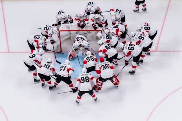 RIGA, LATVIA - MAY 20: Switzerland squad before the game during the 2023 IIHF Ice hockey, Eishockey World Championship, WM, Weltmeisterschaft Finland - Latvia game between Canada Switzerland at Arena Riga on May 20, 2023 in Riga, Latvia. Riga Arena Riga Latvia Copyright: xJustPictures.ch JarixPestelaccix