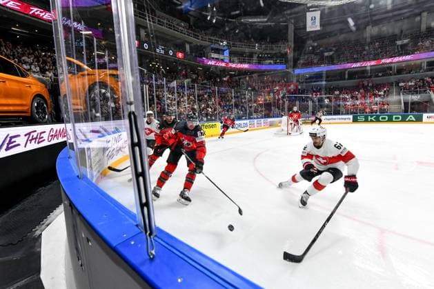 RIGA, LATVIA - MAY 20: Lawson Crouse of Canada in action against Denis Malgin of Switzerland during the 2023 IIHF Ice hockey, Eishockey World Championship, WM, Weltmeisterschaft Finland - Latvia game between Canada Switzerland at Arena Riga on May 20, 2023 in Riga, Latvia. Riga Arena Riga Latvia Copyright: xJustPictures.ch AndreaxBrancax