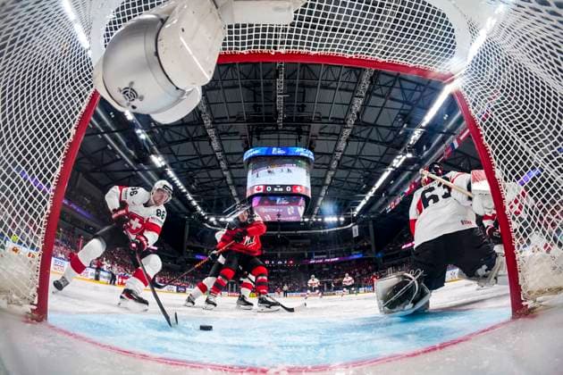 RIGA, LATVIA - MAY 20: Janis Moser of Switzerland (L) saves the puck near the goal line during the 2023 IIHF Ice hockey, Eishockey World Championship, WM, Weltmeisterschaft Finland - Latvia game between Canada Switzerland at Arena Riga on May 20, 2023 in Riga, Latvia. Riga Arena Riga Latvia Copyright: xJustPictures.ch JarixPestelaccix