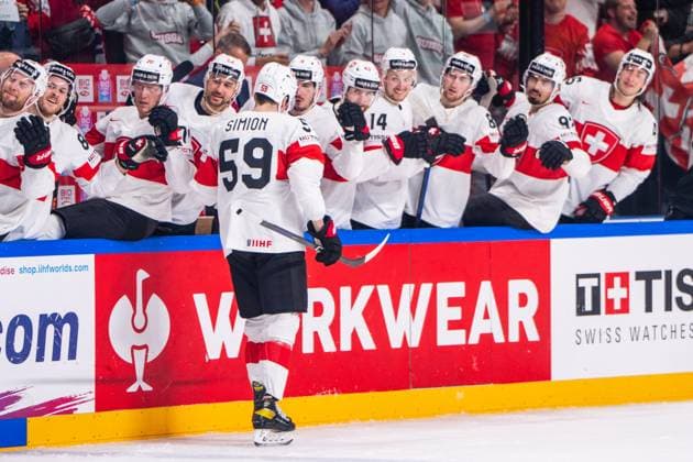 RIGA, LATVIA - MAY 20: Dario Simion of Switzerland celebrates his goal during the 2023 IIHF Ice hockey, Eishockey World Championship, WM, Weltmeisterschaft Finland - Latvia game between Canada Switzerland at Arena Riga on May 20, 2023 in Riga, Latvia. Riga Arena Riga Latvia Copyright: xJustPictures.ch JarixPestelaccix