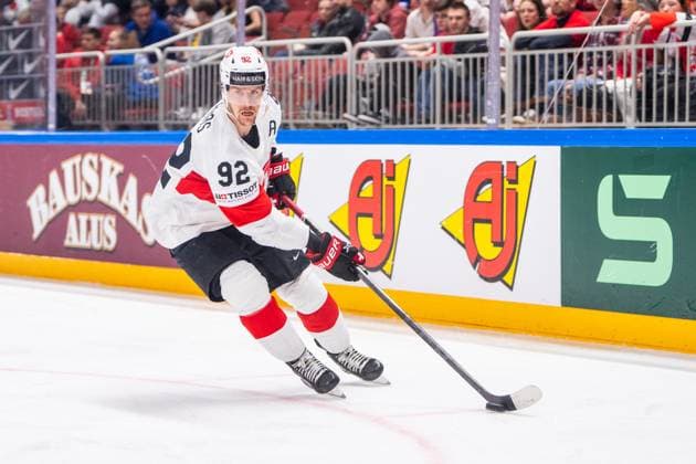 RIGA, LATVIA - MAY 20: Gaetan Haas of Switzerland in action during the 2023 IIHF Ice hockey, Eishockey World Championship, WM, Weltmeisterschaft Finland - Latvia game between Canada Switzerland at Arena Riga on May 20, 2023 in Riga, Latvia. Riga Arena Riga Latvia Copyright: xJustPictures.ch JarixPestelaccix
