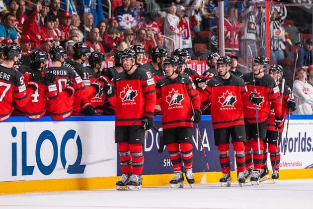 RIGA, LATVIA - MAY 20: Lawson Crouse of Canada celebrates his goal with the bench during the 2023 IIHF Ice hockey, Eishockey World Championship, WM, Weltmeisterschaft Finland - Latvia game between Canada Switzerland at Arena Riga on May 20, 2023 in Riga, Latvia. Riga Arena Riga Latvia Copyright: xJustPictures.ch JarixPestelaccix