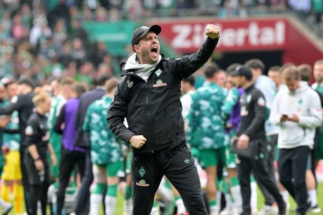 GER, 1. FBL, SV Werder Bremen vs 1.FC Koeln 20.05.2023, wohninvest Weserstadion, Bremen, GER, 1. FBL, SV Werder Bremen vs 1.FC Koeln im Bild picture shows Spielende. Endstand 1:1 Trainer Ole Werner (Werder Bremen) jubelt