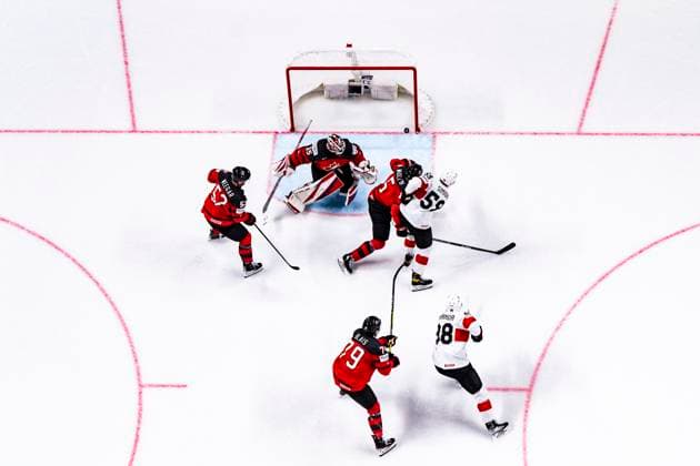 RIGA, LATVIA - MAY 20: Dario Simion of Switzerland (R) scores the 3-1 during the 2023 IIHF Ice hockey, Eishockey World Championship, WM, Weltmeisterschaft Finland - Latvia game between Canada Switzerland at Arena Riga on May 20, 2023 in Riga, Latvia. Riga Arena Riga Latvia Copyright: xJustPictures.ch JarixPestelaccix