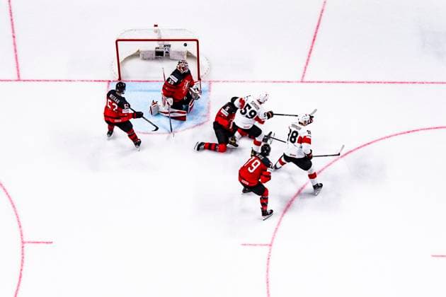 RIGA, LATVIA - MAY 20: Dario Simion of Switzerland (R) scores the 3-1 during the 2023 IIHF Ice hockey, Eishockey World Championship, WM, Weltmeisterschaft Finland - Latvia game between Canada Switzerland at Arena Riga on May 20, 2023 in Riga, Latvia. Riga Arena Riga Latvia Copyright: xJustPictures.ch JarixPestelaccix