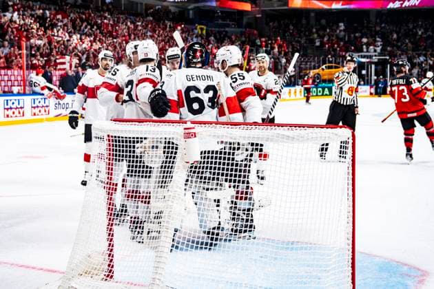 RIGA, LATVIA - MAY 20: Swiss squad celebrates victory against Team Canadaduring the 2023 IIHF Ice hockey, Eishockey World Championship, WM, Weltmeisterschaft Finland - Latvia game between Canada Switzerland at Arena Riga on May 20, 2023 in Riga, Latvia. Riga Arena Riga Latvia Copyright: xJustPictures.ch JarixPestelaccix