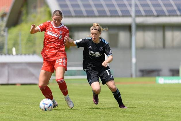 Karolina Lea Vilhjalmsdottir (23 FC Bayern Munich II) ad Livia Brunmair (17 1. FC Nuremberg) during the 2. Frauenbundesliga match between FC Bayern Munich II and 1. FC Nuremberg at Sportpark Aschheim, Germany. (Sven Beyrich SPP) Copyright: xSvenxBeyrich SPPx spp-en-SvBe-20230521-D75_3670