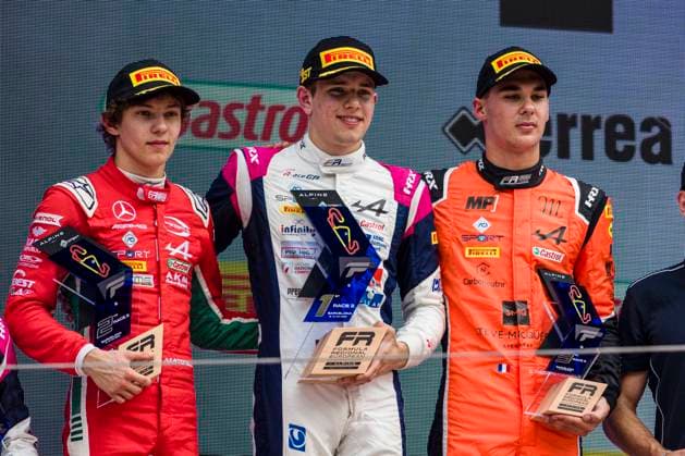 21st May 2023; Circuit de Barcelona-Catalunya, Barcelona, Catalonia, Spain: 6 Hours of Barcelona, Day 2; (L-R) Andrea Kimi Antonelli (ITA) driver of the Prema Racing Formula Regional European Championship, EM, Europameisterschaft by Alpine , Tim Tramnitz (GER) driver of the R ACE Formula Regional European Championship by Alpine and Sami Meguetounif (FRA) driver of the Mp Motorsport Formula Regional European Championship by Alpine celebrate on the podium  ActionPlus12512764 PabloxGuillen