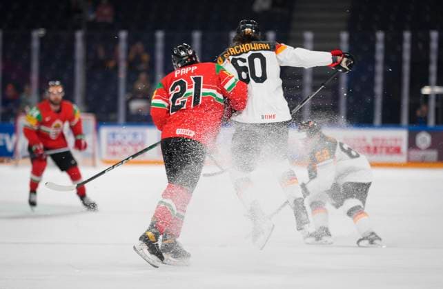 Sport Themen der Woche KW20 Sport Bilder des Tages Kristof Papp 21, HUN and <g69< during the 2023 IIHF Ice hockey, Eishockey World Championship, WM, Weltmeisterschaft Group A match between Germany and Hungary at the Nokia Arena on 21. May 2023 in Tampere, Finland. (Kalle Parkkinen Newspix24)  Copyright: xKallexParkkinenx np24211657647