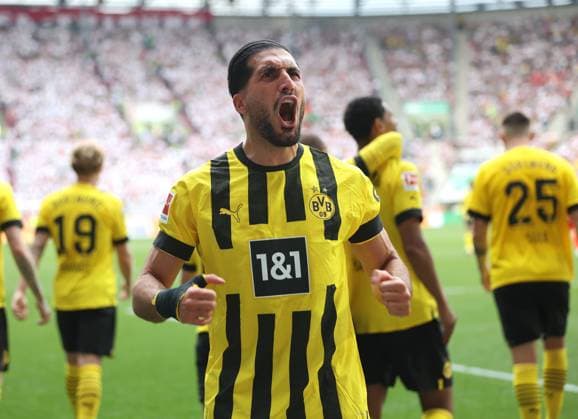 Sport Themen der Woche KW20 Sport Bilder des Tages Augsburg, Deutschland 21. Mai 2023: Fussball, Herren, Saison 2022 2023, FC Augsburg - Borussia Dortmund, Bundesliga, WWK Arena Emre Can (Borussia Dortmund) jubelt, schreit beim 0:1 von Haller DFB regulations prohibit any use of photographs as image sequences and or quasi-video *** Augsburg, Germany 21 May 2023 Football, Men, 2022 2023 season, FC Augsburg Borussia Dortmund, Bundesliga, WWK Arena Emre Can Borussia Dortmund cheers, screams at Hallers 0 1 DFB regulations prohibit any use of photographs as image sequences and or quasi video