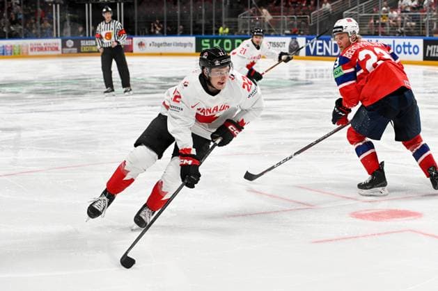 RIGA, LATVIA - MAY 22: Jack Quinn of Canada in action during the 2023 IIHF Ice hockey, Eishockey World Championship, WM, Weltmeisterschaft Finland - Latvia game between Canada and Norway at Arena Riga on May 22, 2023 in Riga, Latvia. Riga Arena Riga Latvia Copyright: xJustPictures.ch AndreaxBrancax