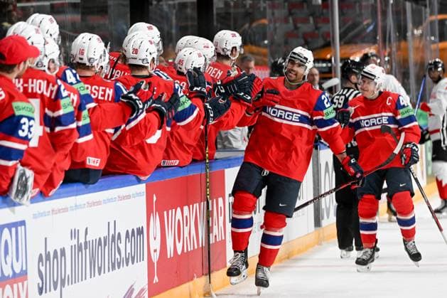 RIGA, LATVIA - MAY 22: Andreas Martinsen of Norway celebrate after scoring a goal during the 2023 IIHF Ice hockey, Eishockey World Championship, WM, Weltmeisterschaft Finland - Latvia game between Canada and Norway at Arena Riga on May 22, 2023 in Riga, Latvia. Riga Arena Riga Latvia Copyright: xJustPictures.ch AndreaxBrancax