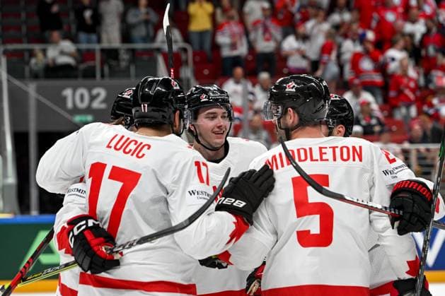 RIGA, LATVIA - MAY 22: Milan Lucic of Canada celebrate after scoring a goal during the 2023 IIHF Ice hockey, Eishockey World Championship, WM, Weltmeisterschaft Finland - Latvia game between Canada and Norway at Arena Riga on May 22, 2023 in Riga, Latvia. Riga Arena Riga Latvia Copyright: xJustPictures.ch AndreaxBrancax