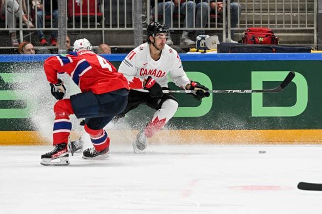RIGA, LATVIA - MAY 22: Jack Mcbain of Canada against Johannes Johannesen of Norway during the 2023 IIHF Ice hockey, Eishockey World Championship, WM, Weltmeisterschaft Finland - Latvia game between Canada and Norway at Arena Riga on May 22, 2023 in Riga, Latvia. Riga Arena Riga Latvia Copyright: xJustPictures.ch AndreaxBrancax