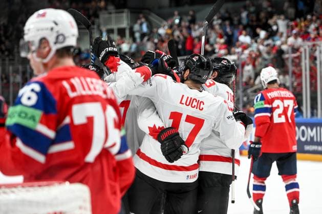 RIGA, LATVIA - MAY 22: Canadian players celebrate after a goal scored by Lawson Crouse of Canada during the 2023 IIHF Ice hockey, Eishockey World Championship, WM, Weltmeisterschaft Finland - Latvia game between Canada and Norway at Arena Riga on May 22, 2023 in Riga, Latvia. Riga Arena Riga Latvia Copyright: xJustPictures.ch AndreaxBrancax
