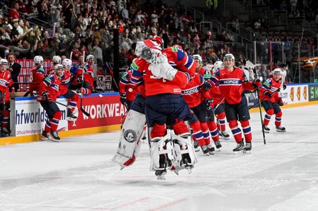 RIGA, LATVIA - MAY 22: goalkeeper Jonas Arntzen of Norway celebrate the victory during the 2023 IIHF Ice hockey, Eishockey World Championship, WM, Weltmeisterschaft Finland - Latvia game between Canada and Norway at Arena Riga on May 22, 2023 in Riga, Latvia. Riga Arena Riga Latvia Copyright: xJustPictures.ch AndreaxBrancax