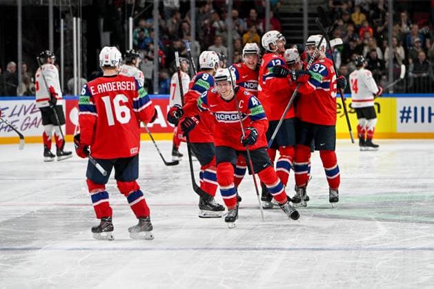 RIGA, LATVIA - MAY 22: Ken Andre Olimb of Norway celebrate the victory during the 2023 IIHF Ice hockey, Eishockey World Championship, WM, Weltmeisterschaft Finland - Latvia game between Canada and Norway at Arena Riga on May 22, 2023 in Riga, Latvia. Riga Arena Riga Latvia Copyright: xJustPictures.ch AndreaxBrancax