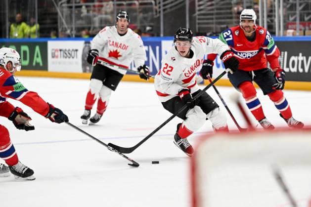 RIGA, LATVIA - MAY 22: Jack Quinn of Canada in action during the 2023 IIHF Ice hockey, Eishockey World Championship, WM, Weltmeisterschaft Finland - Latvia game between Canada and Norway at Arena Riga on May 22, 2023 in Riga, Latvia. Riga Arena Riga Latvia Copyright: xJustPictures.ch AndreaxBrancax