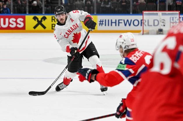 RIGA, LATVIA - MAY 22: MacKenzie Weegar of Canada shoots the puck during the 2023 IIHF Ice hockey, Eishockey World Championship, WM, Weltmeisterschaft Finland - Latvia game between Canada and Norway at Arena Riga on May 22, 2023 in Riga, Latvia. Riga Arena Riga Latvia Copyright: xJustPictures.ch AndreaxBrancax
