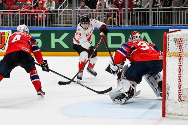 RIGA, LATVIA - MAY 22: Tyler Toffoli of Canada tries to score against goalkeeper Jonas Arntzen of Norway during the 2023 IIHF Ice hockey, Eishockey World Championship, WM, Weltmeisterschaft Finland - Latvia game between Canada and Norway at Arena Riga on May 22, 2023 in Riga, Latvia. Riga Arena Riga Latvia Copyright: xJustPictures.ch AndreaxBrancax