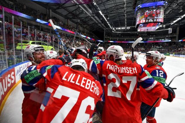 RIGA, LATVIA - MAY 22: Norway celebrate the victory during the 2023 IIHF Ice hockey, Eishockey World Championship, WM, Weltmeisterschaft Finland - Latvia game between Canada and Norway at Arena Riga on May 22, 2023 in Riga, Latvia. Riga Arena Riga Latvia Copyright: xJustPictures.ch AndreaxBrancax