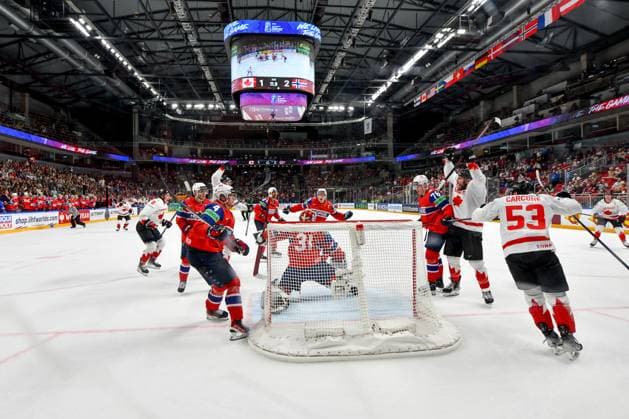 RIGA, LATVIA - MAY 22: Canada celebrate a goal scored by Lawson Crouse of Canada during the 2023 IIHF Ice hockey, Eishockey World Championship, WM, Weltmeisterschaft Finland - Latvia game between Canada and Norway at Arena Riga on May 22, 2023 in Riga, Latvia. Riga Arena Riga Latvia Copyright: xJustPictures.ch AndreaxBrancax
