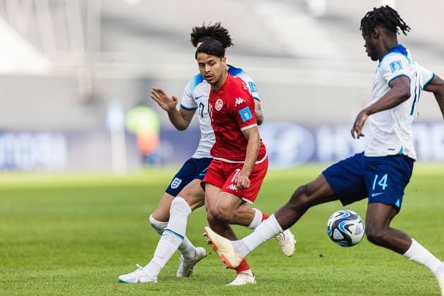England v Tunisia U20 World Cup LA PLATA, BA - 22.05.2023: ENGLAND V TUNISIA U20 WORLD CUP - Chaim EL DJEBALI of Tunisia, during the match between England and Tunisia at Estadio La Plata, in Argentina, for the group stage of the FIFA U-20 World Cup, this Monday (22). (Photo: Sporteo Fotoarena) x2376522x  Sporteo