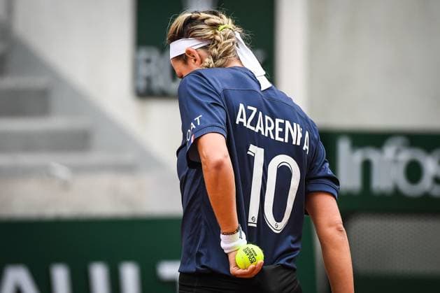 May 23, 2023, Paris, France, France: Victoria AZARENKA of Belarus with PSG jersey during a training session of Roland-Garros 2023, French Open 2023, Grand Slam tennis tournament at the Roland-Garros Stadium on May 23, 2023 in Paris, France. Paris France - ZUMAm308 20230523_zsp_m308_019 Copyright: xMatthieuxMirvillex