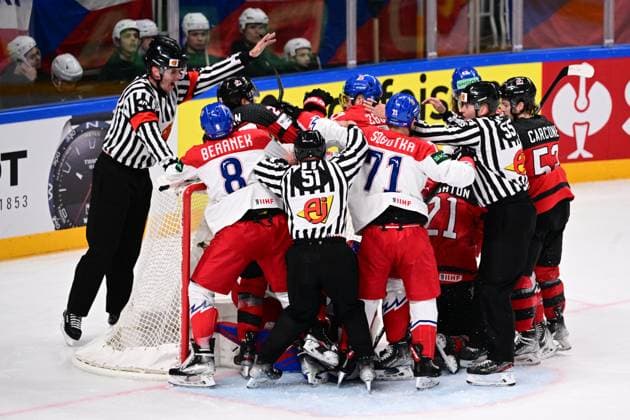 From left Ondrej Beranek, Vladimir Sobotka and referees in action during the fight during the IIHF Ice hockey, Eishockey World Championship, WM, Weltmeisterschaft Group B match Czech Republic vs Canada, on May 23, 2023, in Riga, Latvia. (CTKxPhoto DavidxTanecek) CTKPhotoP2023052306023  CTKPhotoP2023052306023