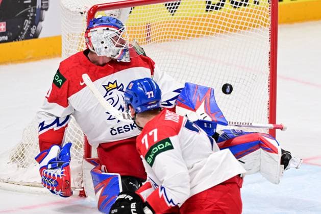 Czech goalie Karel Vejmelka receives goal during the IIHF Ice hockey, Eishockey World Championship, WM, Weltmeisterschaft Group B match Czech Republic vs Canada, in Riga, Latvia, May 23, 2023. At right is David Nemecek. (CTKxPhoto DavidxTanecek) CTKPhotoP2023052306182  CTKPhotoP2023052306182