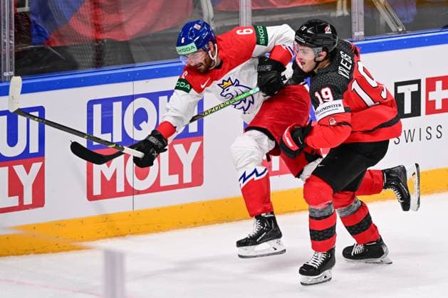 From left Czech Michal Kempny, Peyton Krebs of Canada in action during the IIHF Ice hockey, Eishockey World Championship, WM, Weltmeisterschaft Group B match Czech Republic vs Canada, in Riga, Latvia, May 23, 2023. (CTKxPhoto DavidxTanecek) CTKPhotoP2023052306326  CTKPhotoP2023052306326