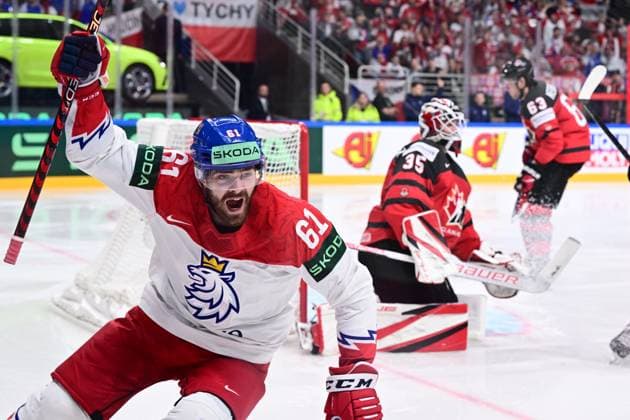 From left Czech Martin Kaut celebrates goal and Samuel Montembeault, goalie of Canada during the IIHF Ice hockey, Eishockey World Championship, WM, Weltmeisterschaft Group B match Czech Republic vs Canada, in Riga, Latvia, May 23, 2023. (CTKxPhoto DavidxTanecek) CTKPhotoP2023052306439  CTKPhotoP2023052306439