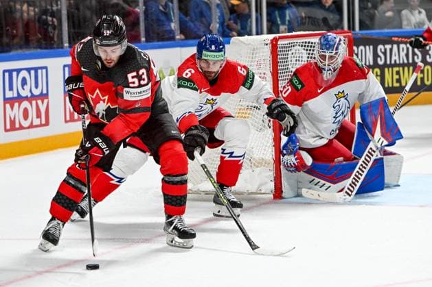 RIGA, LATVIA - MAY 23: Michael Carcone of Canada defends the puck against Michal Kempny of Czech Republic during the 2023 IIHF Ice hockey, Eishockey World Championship, WM, Weltmeisterschaft Finland - Latvia game between Canada and Czech Republic at Arena Riga on May 23, 2023 in Riga, Latvia. Riga Arena Riga Latvia Copyright: xJustPictures.ch AndreaxBrancax